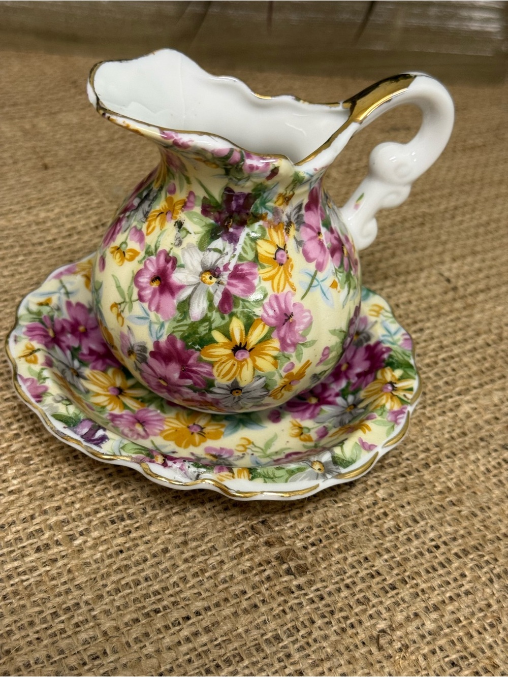Floral Porcelain Creamer and Saucer - Pink & Yellow Floral Royal Chintz
